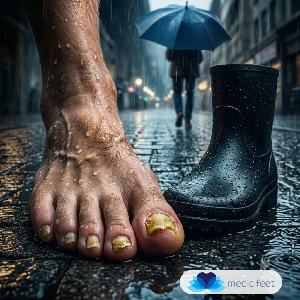 Pie con hongos en las uñas sobre asfalto mojado por la lluvia en Panamá junto a una bota de agua.